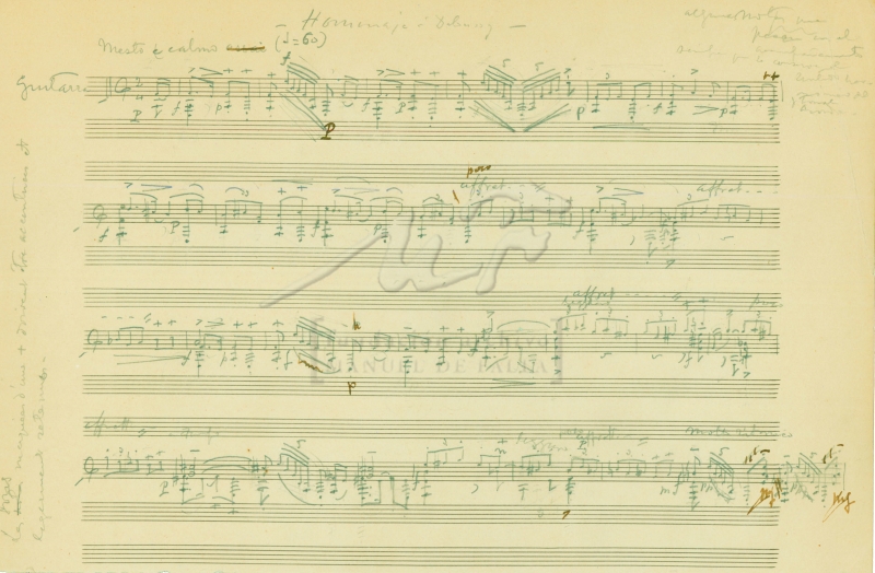 Primera página del manuscrito del Homenaje a Debussy (Homenaje. Pièce de guitare écrite pour «Le tombeau de Claude Debussy»), de Manuel de Falla. Granada, 25 de julio - 8 de agosto de 1920.