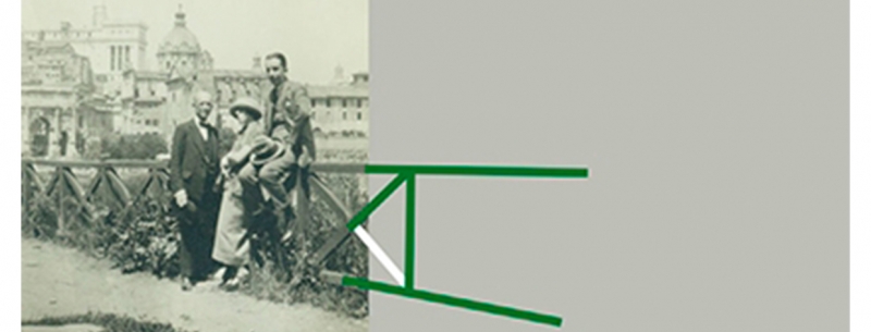 Alfredo Casella, Yvonne Müller y Manuel de Falla en el Palatino de Roma. Mayo de 1923. Archivo Manuel de Falla (Granada). Diseño de Julio Juste.